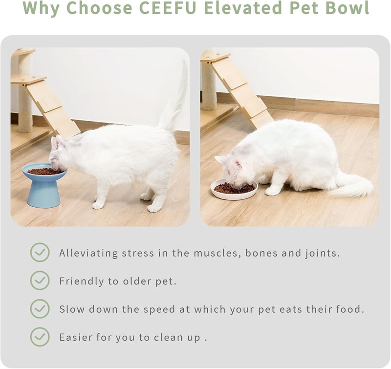 CEEFU Extra Széles Emelt Macska Etetőtálak - Kék Kerámia Dupla Tál Hányásgátló Kialakítással, Bajusz-barát, Mosogatógépben Mosható, 300ml/53