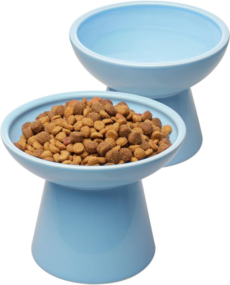 CEEFU Extra Széles Emelt Macska Etetőtálak - Kék Kerámia Dupla Tál Hányásgátló Kialakítással, Bajusz-barát, Mosogatógépben Mosható, 300ml/53