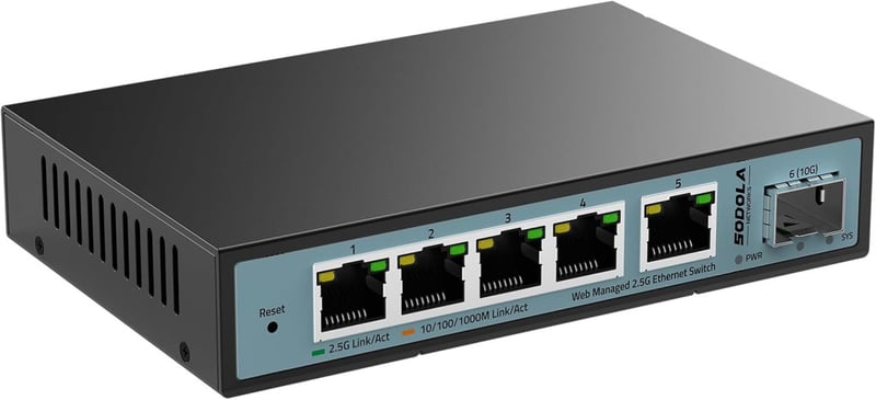 SODOLA 6 Portos 2.5G Smart Ethernet Switch - 5x 2.5G RJ45 + 1x 10G SFP Port, Menedzselhető, VLAN/QoS/IGMP Támogatás, Ventilátormentes Fém Há