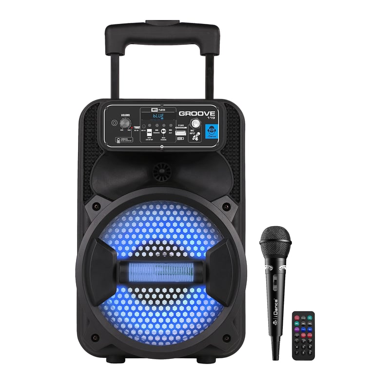 Boxă portabilă Bluetooth Cefa Toys cu microfon, telecomandă, iluminare LED, player MP3 USB, mâner telescopic și roți, 100 Wați