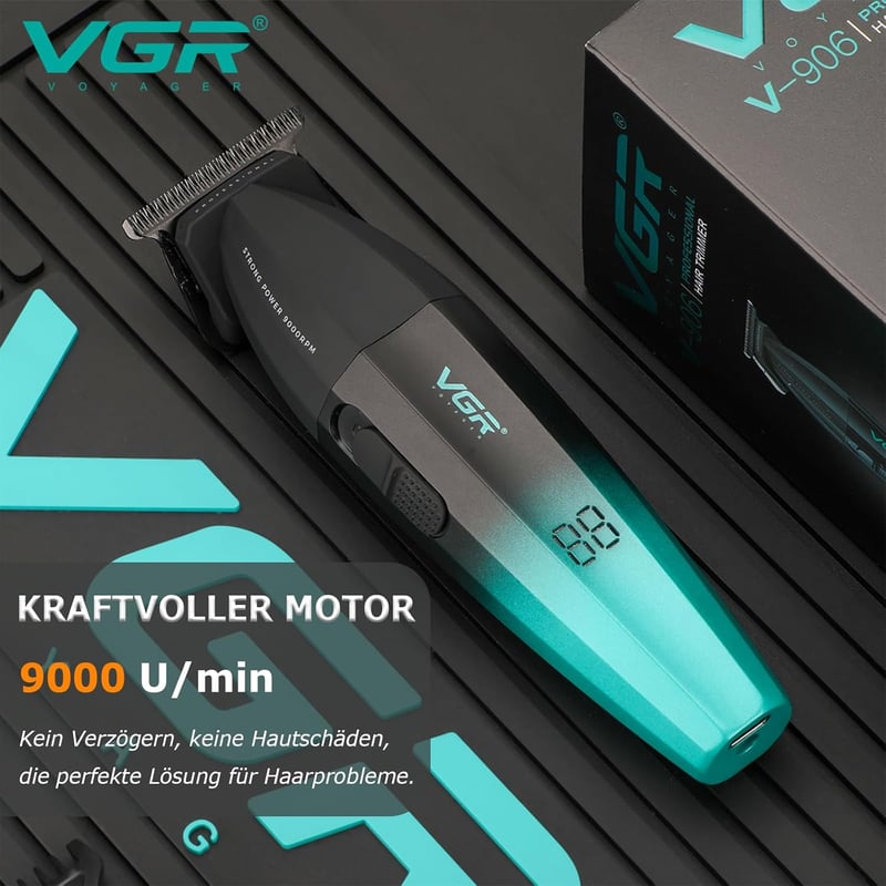 VGR 906 Professzionális Hajvágó, 9000 RPM T-Pengés Vezeték Nélküli Szakállvágó, 240 Perces Üzemidő, USB Tölthető, Zöld