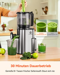 CelerySpec Slow Juicer Tesztgyőztes - 130 mm Adagolónyílás, 1,8L Tartály, Egész Gyümölcsökhöz, BPA-mentes, Rozsdamentes Acél, Fekete 9