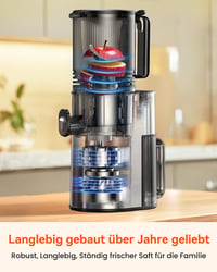 CelerySpec Slow Juicer Tesztgyőztes - 130 mm Adagolónyílás, 1,8L Tartály, Egész Gyümölcsökhöz, BPA-mentes, Rozsdamentes Acél, Fekete 3