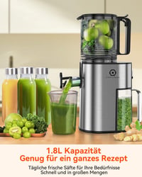 CelerySpec Slow Juicer Tesztgyőztes - 130 mm Adagolónyílás, 1,8L Tartály, Egész Gyümölcsökhöz, BPA-mentes, Rozsdamentes Acél, Fekete 6