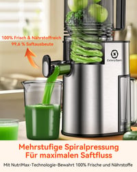 CelerySpec Slow Juicer Tesztgyőztes - 130 mm Adagolónyílás, 1,8L Tartály, Egész Gyümölcsökhöz, BPA-mentes, Rozsdamentes Acél, Fekete 2