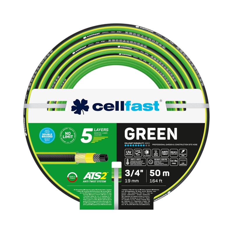 Furtun de grădină Cellfast cu 5 straturi, 3/4 inch, 50 metri, rezistent la UV, anti-alge, verde, conceput pentru utilizare intensă