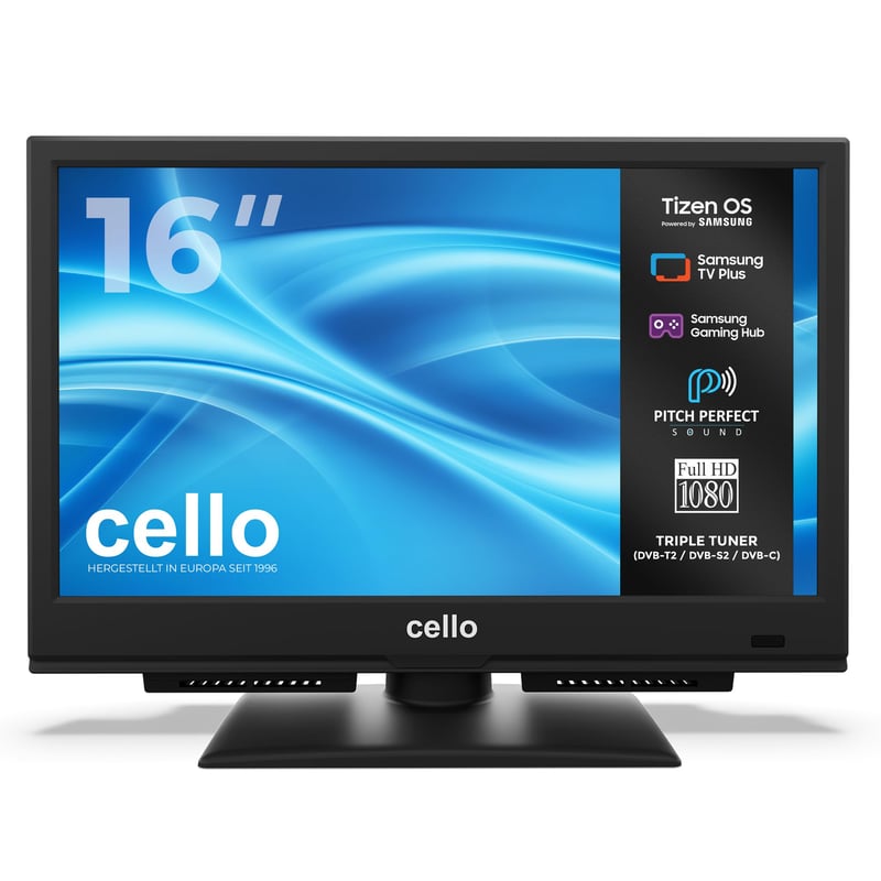 Televizor Smart Cello C1626TZH 16 inchi, sistem de operare Samsung Tizen, Bluetooth, triplu tuner, sunet Pitch Perfect, 230V, ideal pentru bucătărie și spații mici