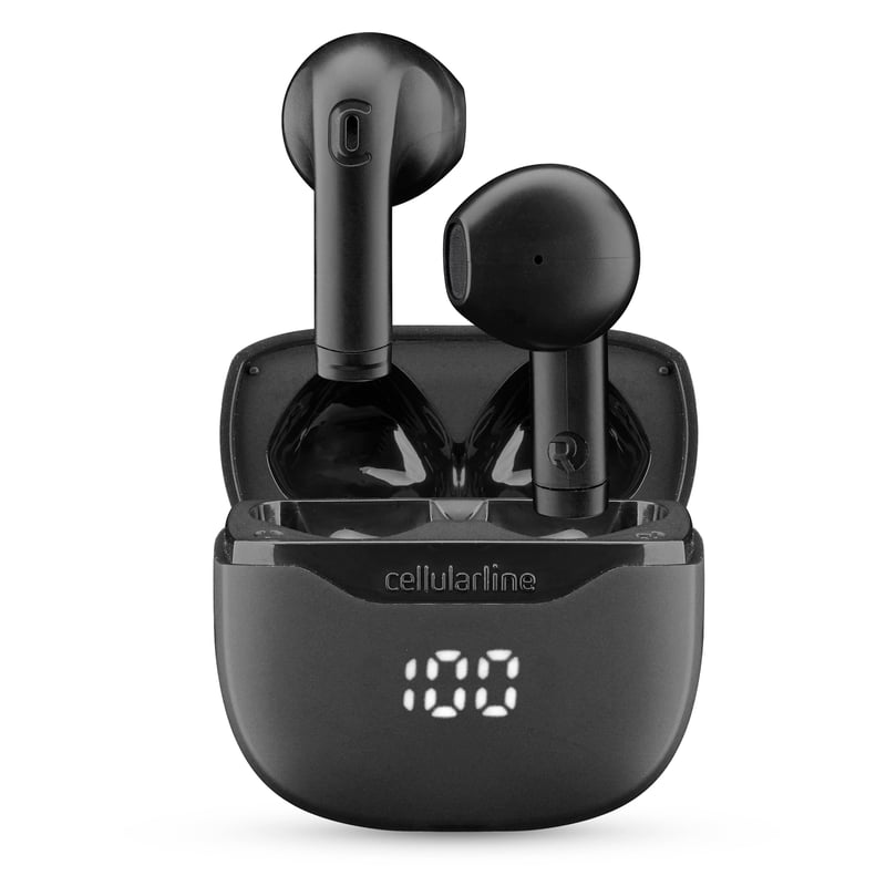Căști Bluetooth True Wireless cellularline CORE cu carcasă de încărcare, afișaj LED, 16 ore de redare, control tactil, negru