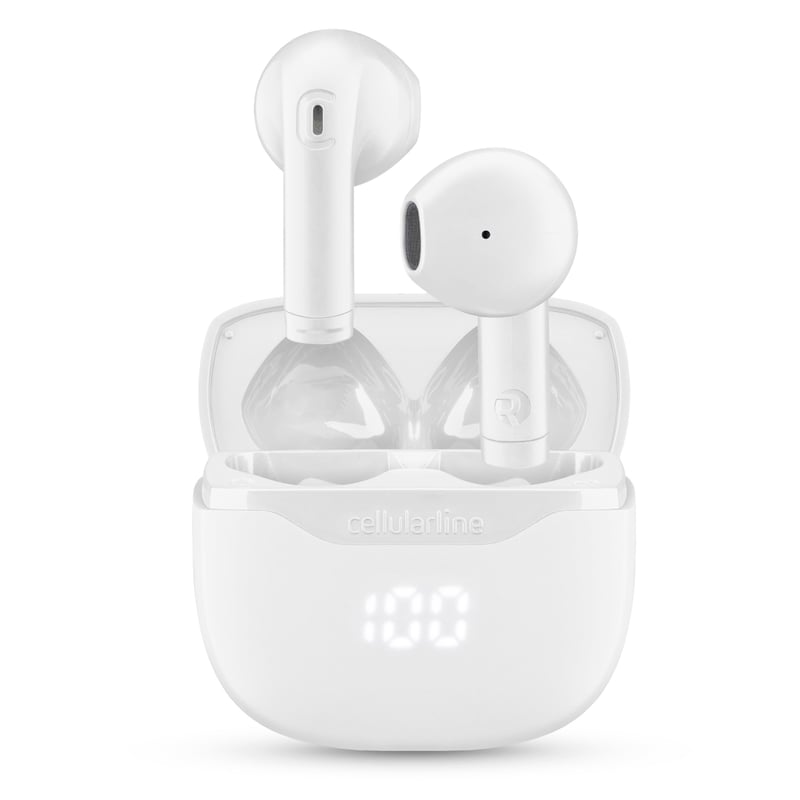 Căști Bluetooth True Wireless cellularline CORE cu carcasă de încărcare, afișaj LED, 16 ore de redare, control tactil, alb
