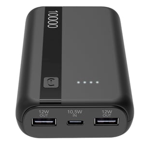 Cellularline Power Bank 10000 mAh - USB-C ulaz 10,5W, USB izlaz 12W, Li-ion baterija, LED indikator napunjenosti - Crna