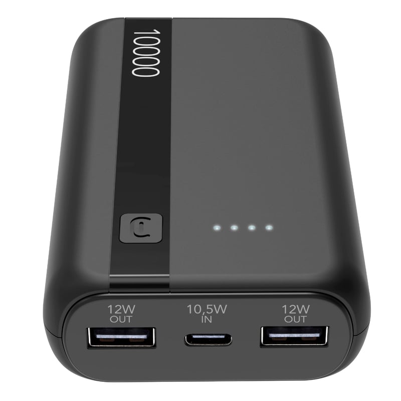 Cellularline Power Bank 10000 mAh - USB-C bemenet 10,5W, USB kimenet 12W, Li-ion akkumulátor, LED töltöttségjelző - Fekete