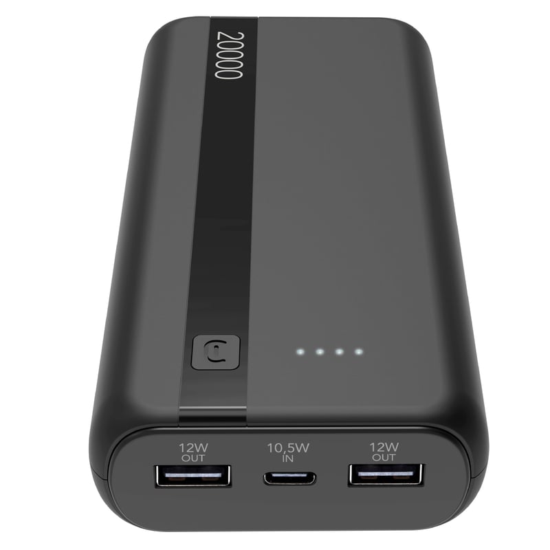 Power banka Cellularline 20000 mAh – vstup USB-C 10,5 W, výstup USB 12 W, lítium-iónová batéria, LED indikátor nabíjania – čierna