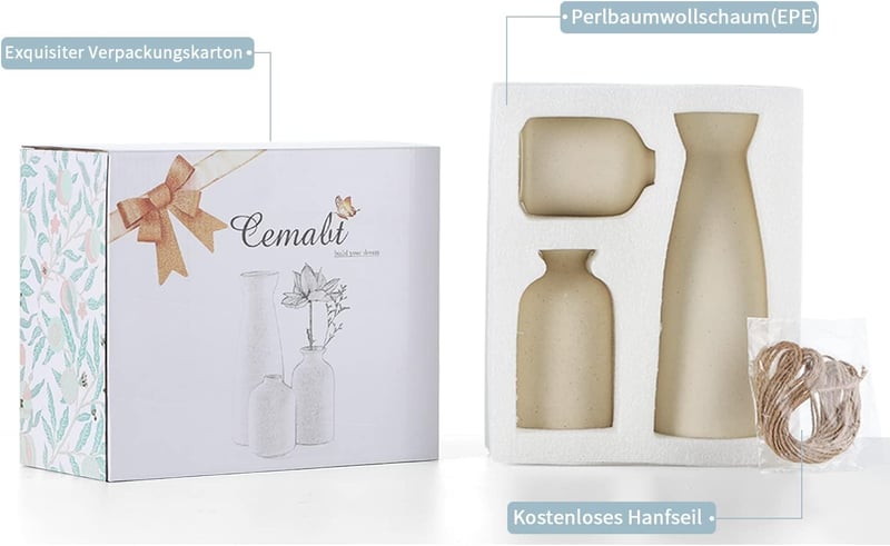 CEMABT 3 részes kerámia váza szett natúr, modern farmhouse dekoráció száraz virágokhoz