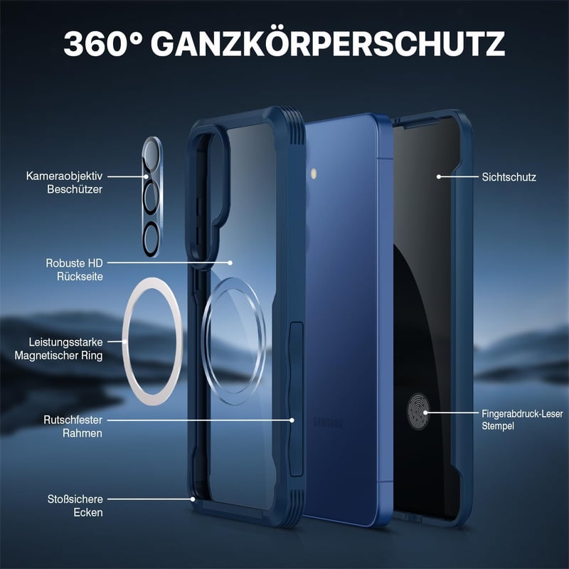 CENHUFO Samsung Galaxy S25 mágneses tok, beépített adatvédelmi üveg és kamera védelemmel, 360° ütésálló kék - S25, blue
