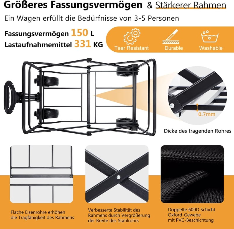 Century Star Összecsukható Kézikocsi Fékkel, 150L Kapacitás, 150kg Terhelhetőség, Fekete