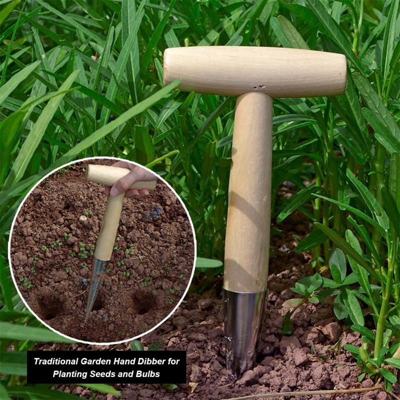 Plantator de bulbi Cerioll cu mâner din lemn, unealtă de plantat din oțel inoxidabil cu scală de măsurare, set pentru plantarea bulbilor de flori