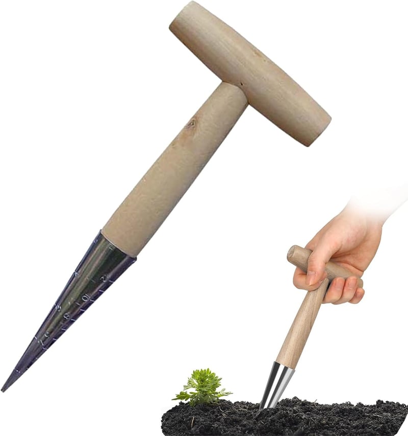 Plantator de bulbi Cerioll cu mâner din lemn, unealtă de plantat din oțel inoxidabil cu scală de măsurare, set pentru plantarea bulbilor de flori