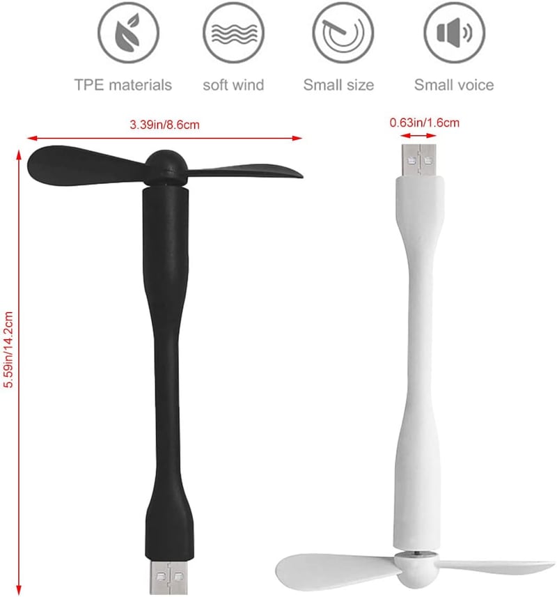 Cerioll Mini USB Ventilátor 90mm Hajlékony Nyakkal, 2db Hordozható USB Ventillátor PC Laptop Powerbank Fekete Fehér