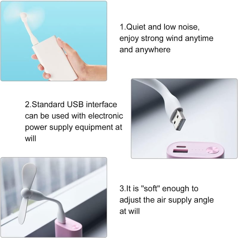 Cerioll Mini USB Ventilátor 90mm Hajlékony Nyakkal, 2db Hordozható USB Ventillátor PC Laptop Powerbank Fekete Fehér