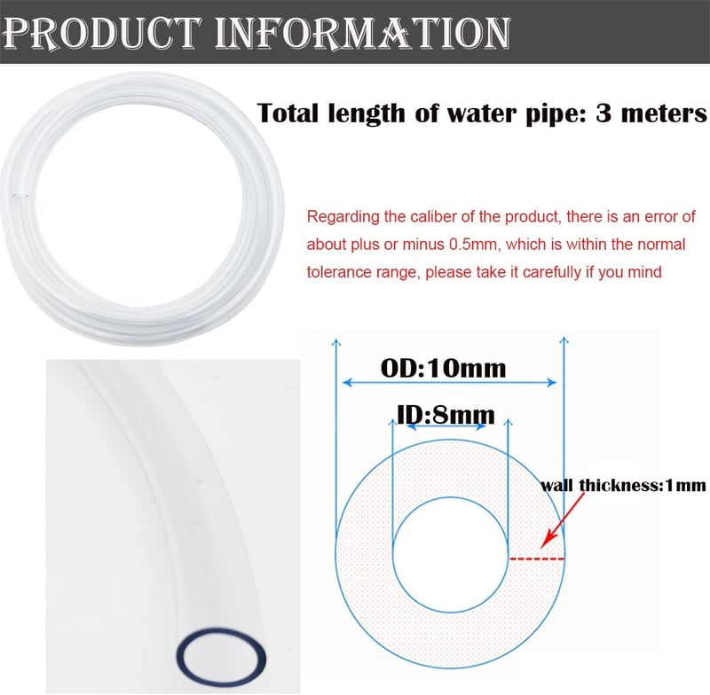 CESFONJER Átlátszó PVC Cső 3m - 8mm Belső / 10mm Külső Átmérő - Ipari Felhasználásra - Csővágóval - Rugalmas, Kopásálló Műanyag Tömlő