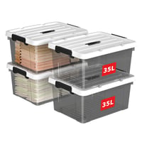 Cetomo 35L plastový úložný box s vekom a klipmi, stohovateľný, priehľadná čierna, balenie 4 ks 1