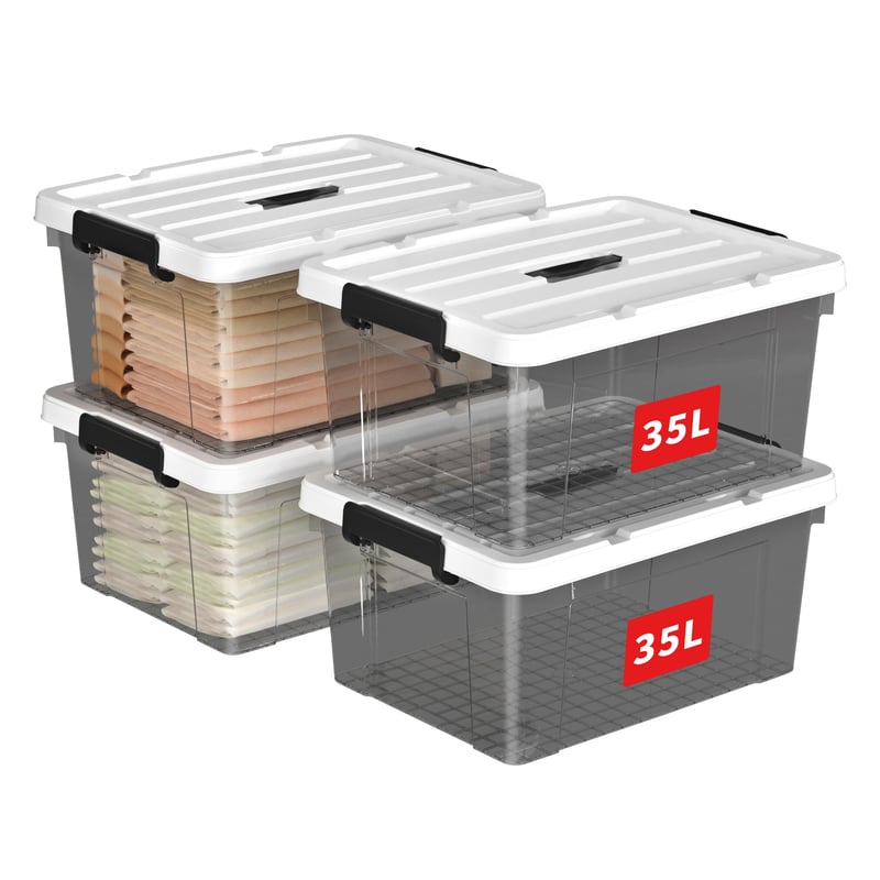 Cetomo 35L plastový úložný box s vekom a klipmi, stohovateľný, priehľadná čierna, balenie 4 ks