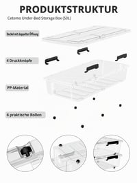 Cetomo prozirna kutija za pohranu od 50 litara s poklopcem i kotačićima, 4 komada, za ispod kreveta, bez BPA, plastična kutija za organizaciju koja se može slagati jedna na drugu 3