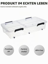 Cetomo prozirna kutija za pohranu od 50 litara s poklopcem i kotačićima, 4 komada, za ispod kreveta, bez BPA, plastična kutija za organizaciju koja se može slagati jedna na drugu 4