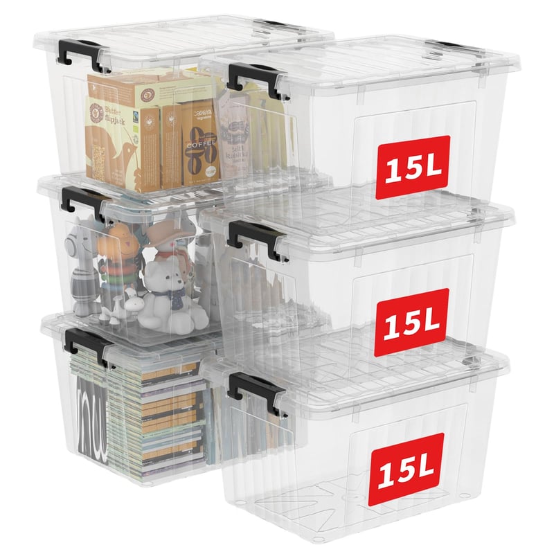 Priehľadný plastový úložný box Cetomo C5032 s klip uzáverom, stohovateľný, 15 l, sada 6 ks