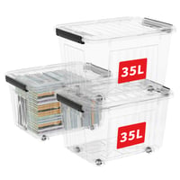 Priehľadný plastový úložný box Cetomo C5037 s vekom a kolieskami, stohovateľný, 35 l, súprava 3 ks 1
