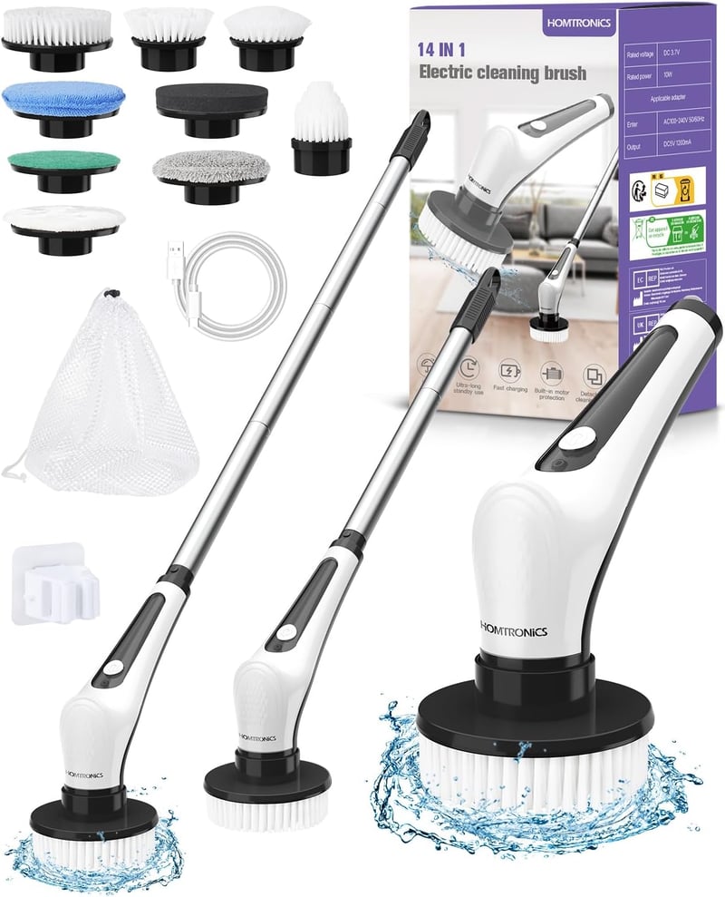 Homtronics 14 az 1-ben IPX8 vízálló elektromos tisztítókefe, 9 cserélhető fejjel - fürdő, csempe, autó