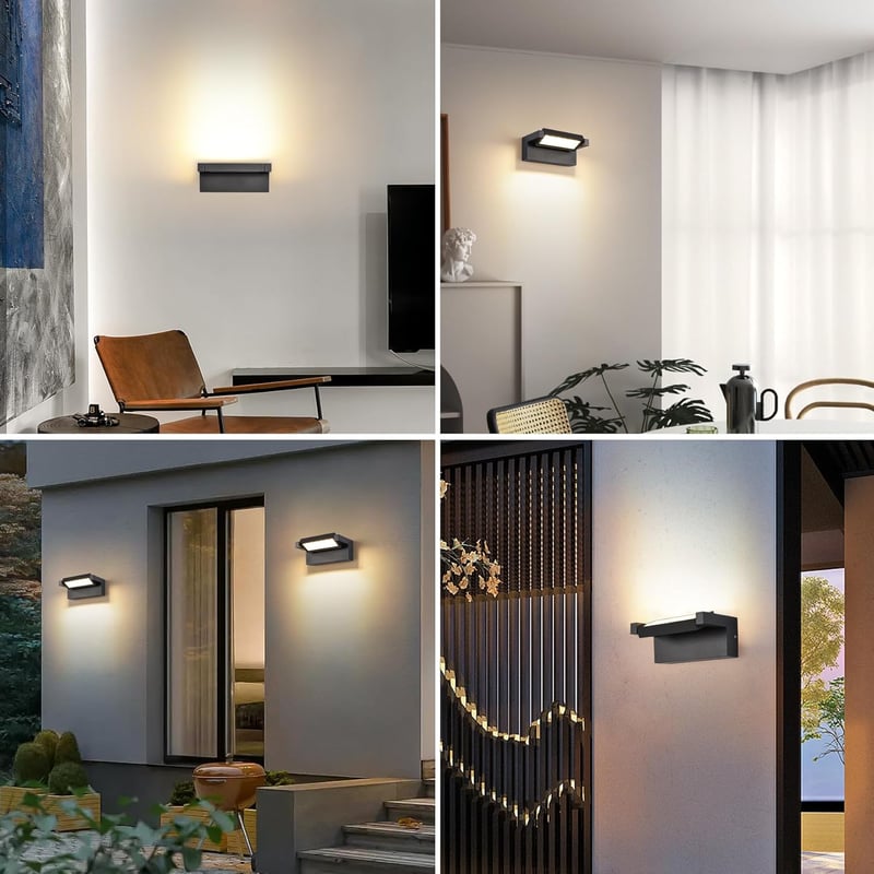 KUKAK Kültéri-Beltéri LED Fali Lámpa 22W - IP65 Vízálló, 3000K Meleg Fehér, 350° Forgatható Panel, Alumínium, Fekete, Kerthez, Teraszhoz