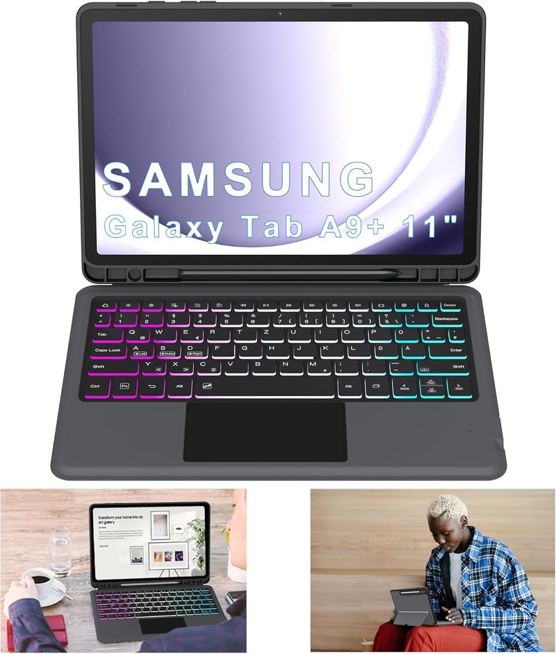 Samsung Galaxy Tab A9+ tok QWERTZ billentyűzettel - 7 színű háttérvilágítás, trackpad, állvány (11")