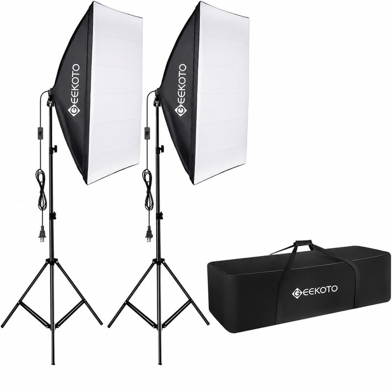 Fotostúdiová sada GEEKOTO Softbox 50x70 cm, 2x85W s päticou E27 a statívom, neúplná (1 žiarovka – chýbajúca žiarovka (stav: pozri 2. obrázok)