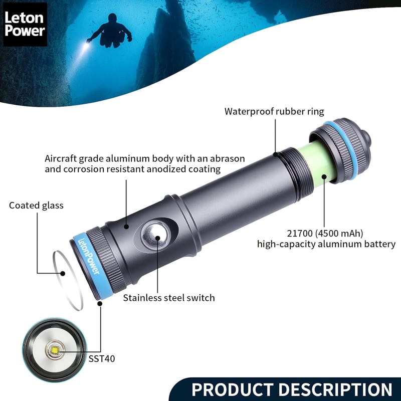 LetonPower Tynny-13se Búvárlámpa 2200 Lumen, 6 Üzemmód, IP68 Vízálló, Alumínium Ház, USB-C Töltés, Merüléshez és Búvárkodáshoz, Akkumulátorr