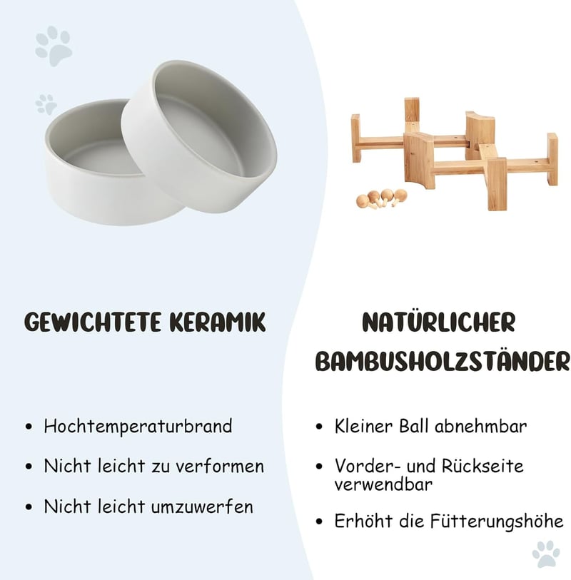 SPUNKYJUNKY 15° Dőlésszögű Kerámia Etetőtál Fa Állvánnyal - 2x400ml Szürke Kutyatál Lapos Orrú Kisállatok Számára, Csúszásmentes