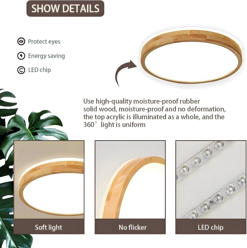 WayLuoung Fa LED Mennyezeti Lámpa 60cm - Szabályozható 3000-6000K 48W Kerek Világítás Távirányítóval - Nappali, Hálószoba, Gyerekszoba, Kony