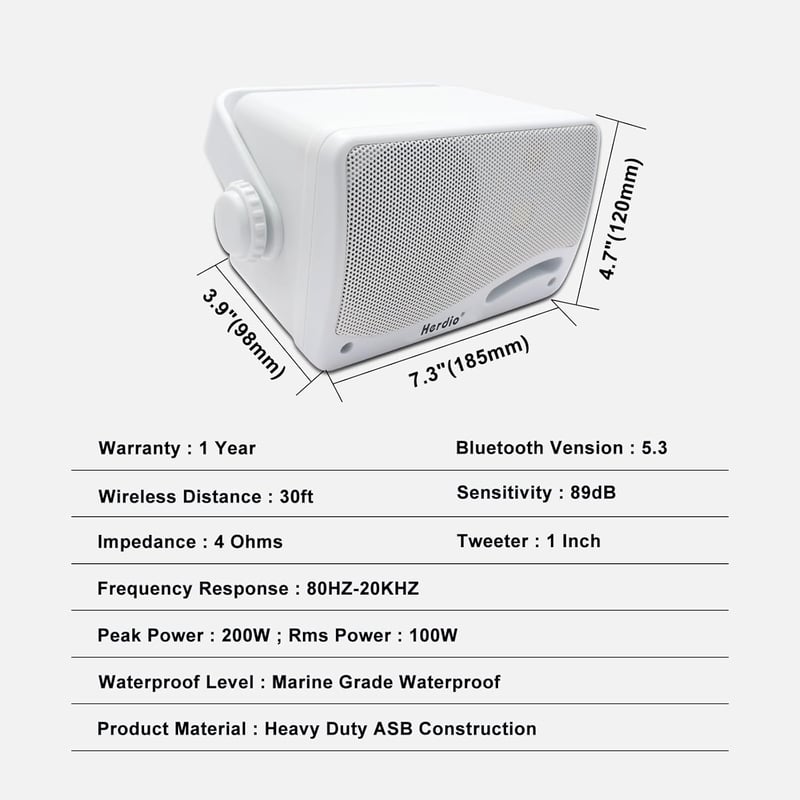 Herdio 3,5" Bluetooth Kültéri Hangszórópár, 200W, 3-Utas, Vízálló, Falra Szerelhető, Hajóra, Teraszra, Kertbe - Fehér