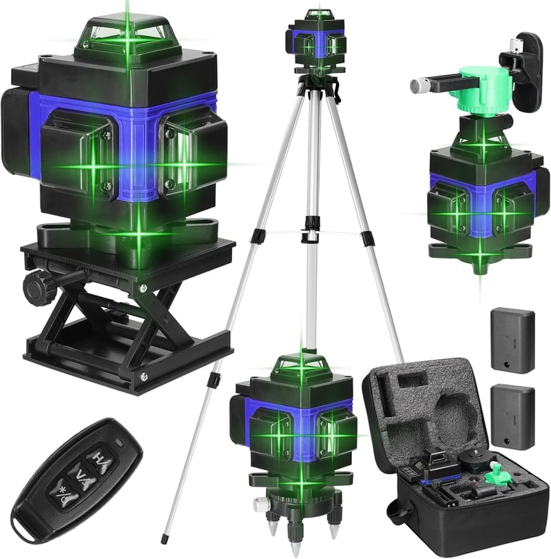 VISLONE 4D Önbeálló Vonallézer Tripod Állvánnyal - 16 Vonalas Lézeres Szintező, USB Tölthető, 2x2400 mAh Akkumulátorral, 360° Forgatható Tal