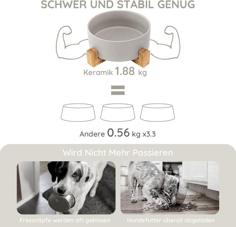SpunkyJunky Nagy Kerámia Kutyatál Bambusz Állvánnyal - 1,8L, Szürke