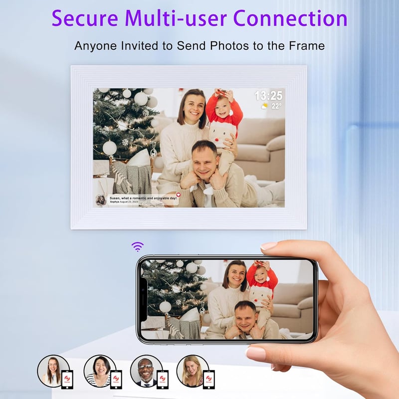 Golony WiFi Digitális Képkeret 10.1" IPS Érintőképernyővel - 32GB Memória, Automatikus Forgatás, Frameo App Fotómegosztás, Fehér