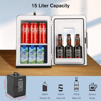 Vasip 15L Mini Hűtőszekrény - Hordozható Hűtő-Fűtő Funkció, 220V/12V, Otthonra, Irodába, Kempingezéshez és Autóba, 2 Polccal, Fekete 3