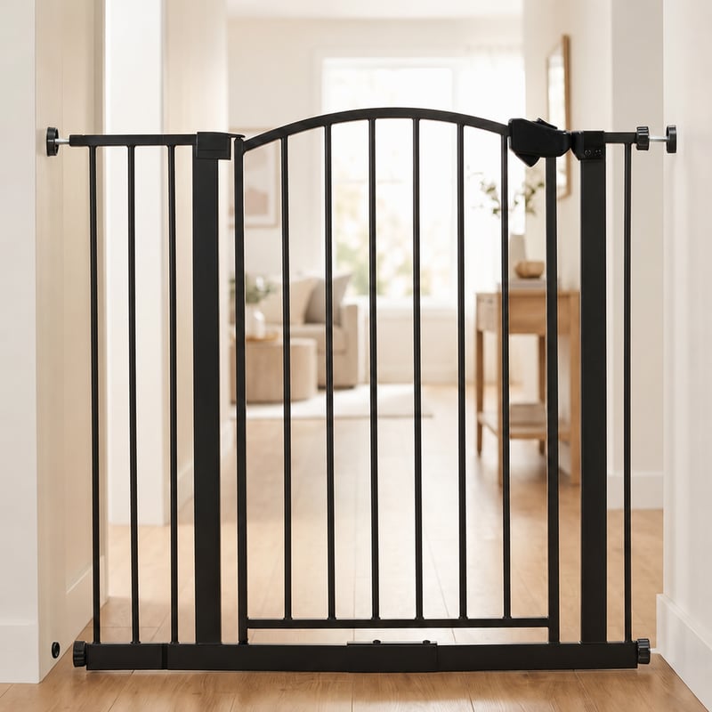 Regalo biztonsági boltíves babakapu ajtókhoz és lépcsők aljához, 75-87 cm nyíláshoz, nyomásra — hiányzó csavar (állapot: lásd a 2. képet)