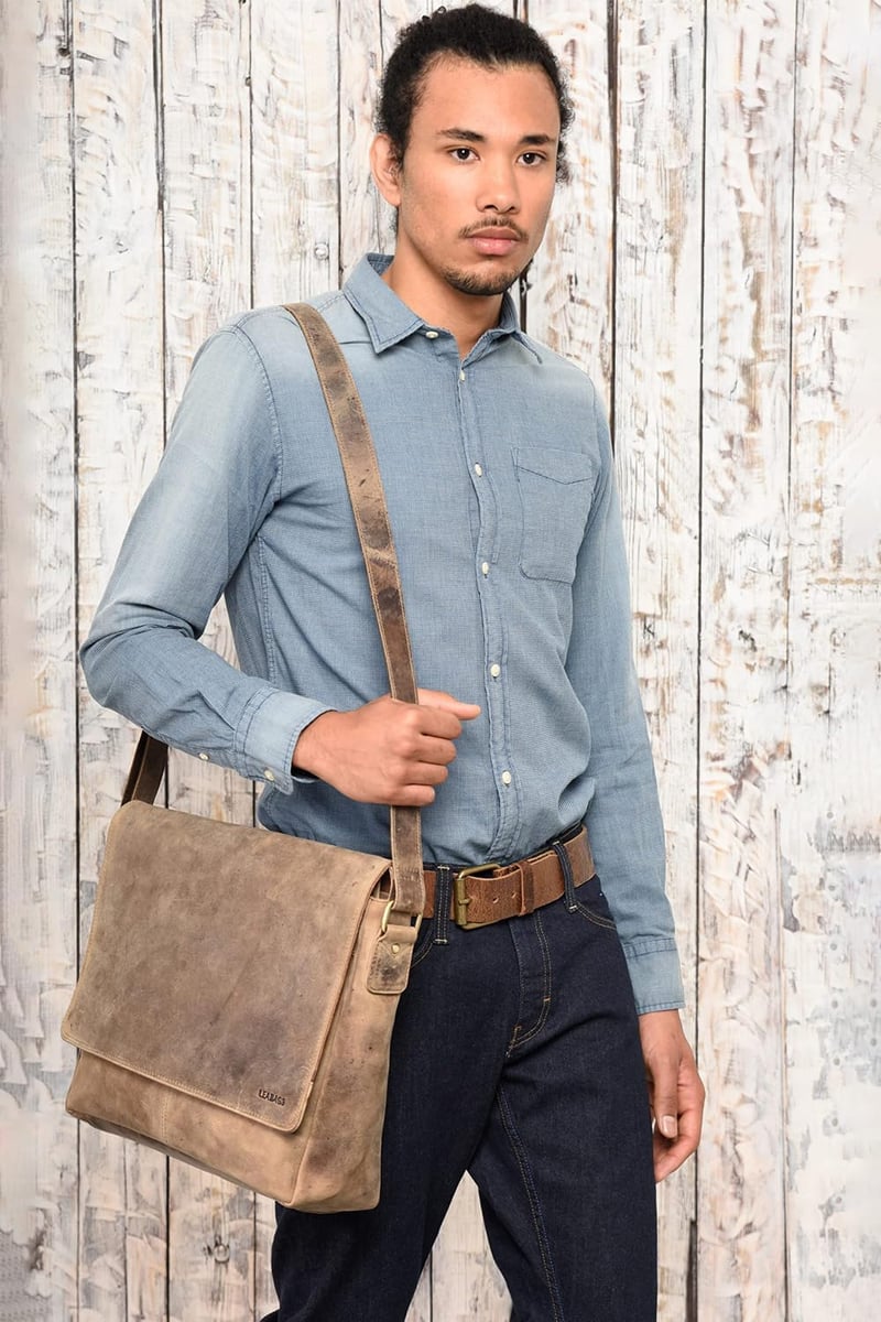 LEABAGS Vintage Bőr Férfi Válltáska 15"-os Laptophoz - Szürkésbarna