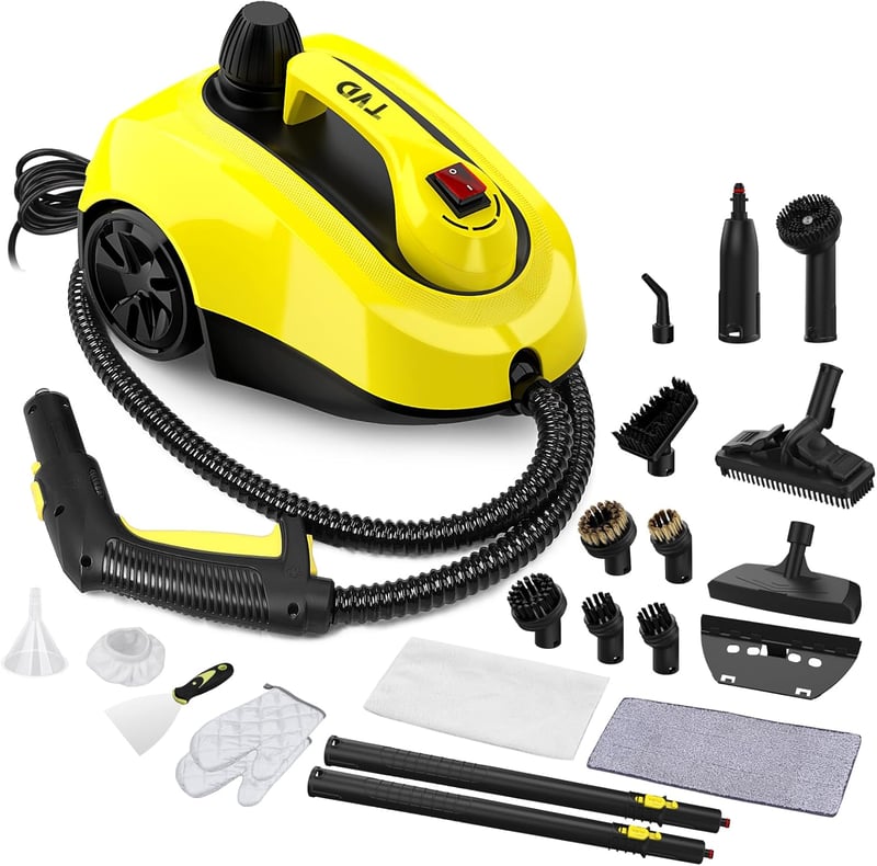 TVD Gőztisztító 1500W - Sárga-Kék Nagynyomású Gőzölő 1,5L Tartállyal, Sokoldalú Tartozékokkal Padlóhoz, Szőnyeghez, Csempéhez, Ablakhoz és K