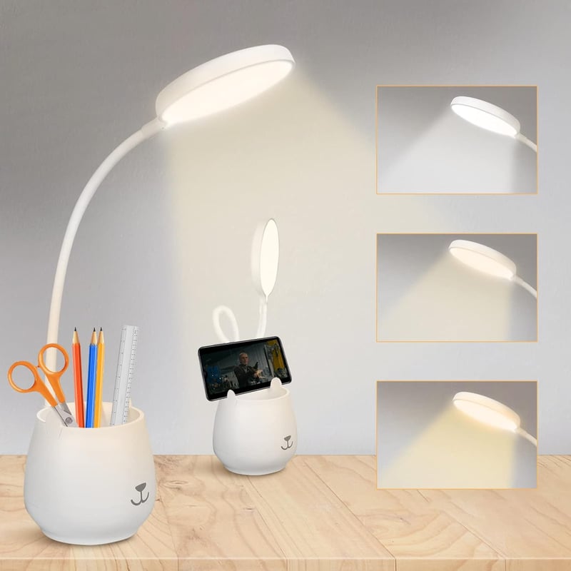 URAQT LED Asztali Lámpa Tolltartóval - Érintésvezérelt, Tölthető, Szemkímélő Olvasólámpa 3 Színhőmérséklettel, Állítható Fényerővel Tanulásh