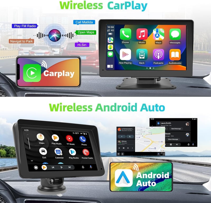 Podofo 7" Hordozható Autórádió - Apple CarPlay/Android Auto Támogatás, Bluetooth, IPS Érintőkijelző, FM, AUX, Tükrözés + 64GB TF Kártya