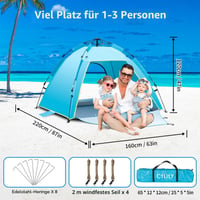 Cflity Pop-Up šator za plažu za 1-3 osobe, UV 50+ zaštita, 160x140x120 cm, s dvostrukim vratima, prenosivi šator za vrt, piknik i ribolov 6