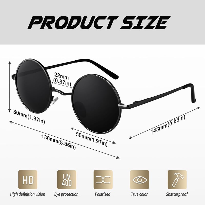 CGID E01 Retro Vintage Polarizált Napszemüveg Kerek Fém Kerettel Unisex