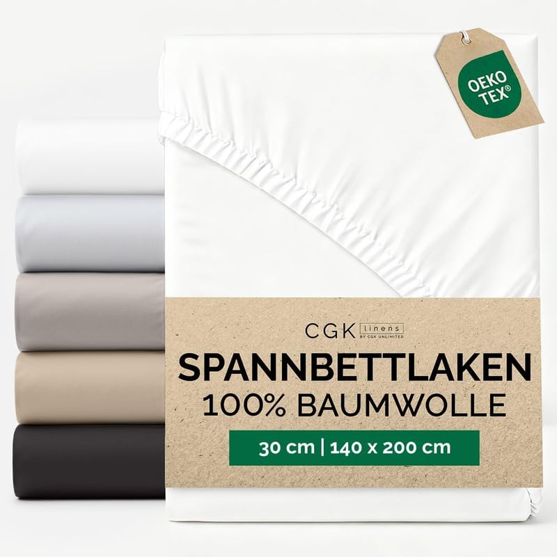CGK Unlimited Gumis Lepedő 140x200 cm - 30 cm Mély, 400 Szálas Pamut Szatén, Fehér, Légáteresztő, Oeko-Tex Tanúsított Prémium Ágynemű
